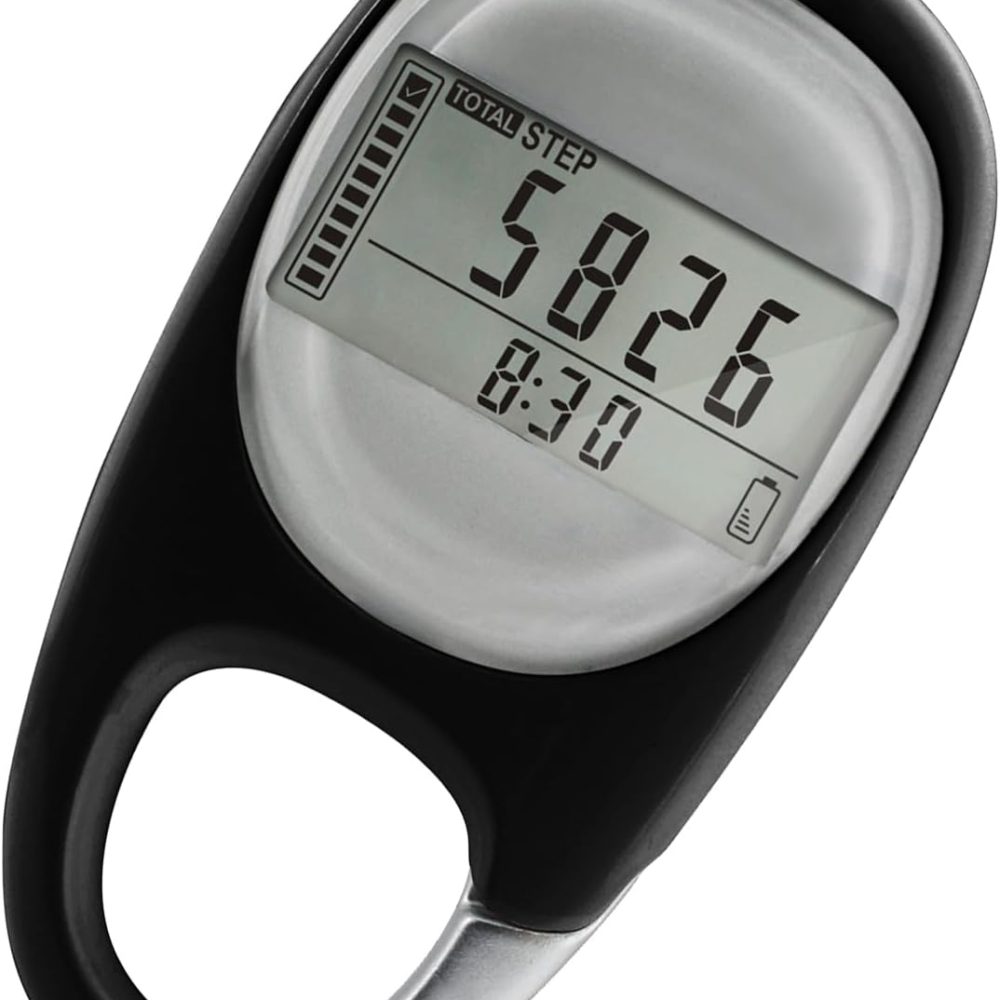Digital Pedometer Step Counter with Carabiner Clip, 3D Sensor Technology, LCD Display, Carbon Black
